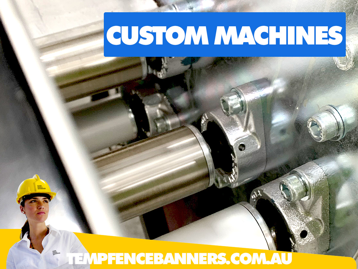 Custom banner machinery solutions for high speed mesh and wide format print finishing equipment such as these high speed rotating shafts for fence mesh perimeter edge alignment.