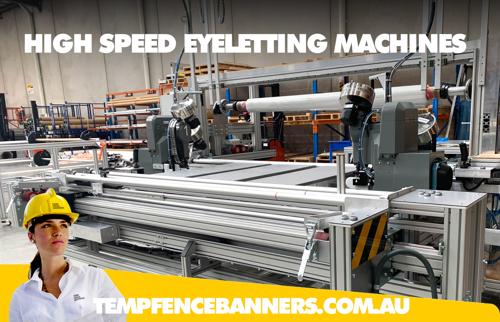 TFB's high speed eyeletting machines custom distance. Stamps twin edge at approximately 21 metres per minute upto 28 metres minute.