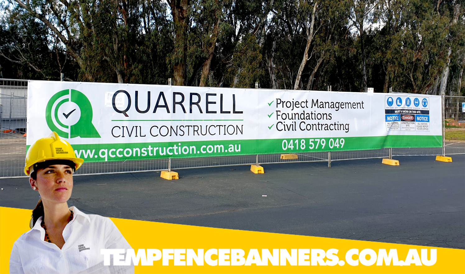 Tradie Pack Banners. Manufacturers of custom trade pack size fence mesh and standard panel banner mesh signage for construction site fencing.